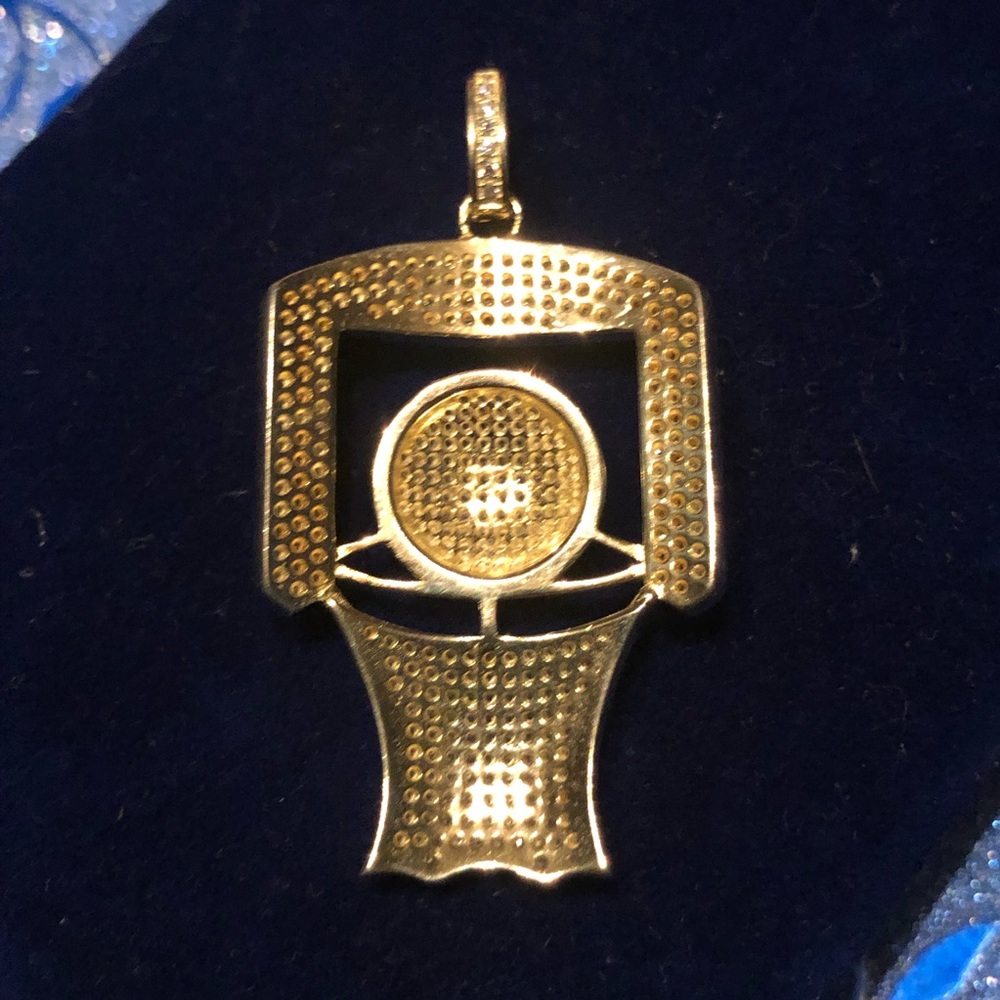 Unisex 925 Sterling Silver Topaz Encrusted Gold Plated Basketball Goal Pendant - Picture 8 of 9